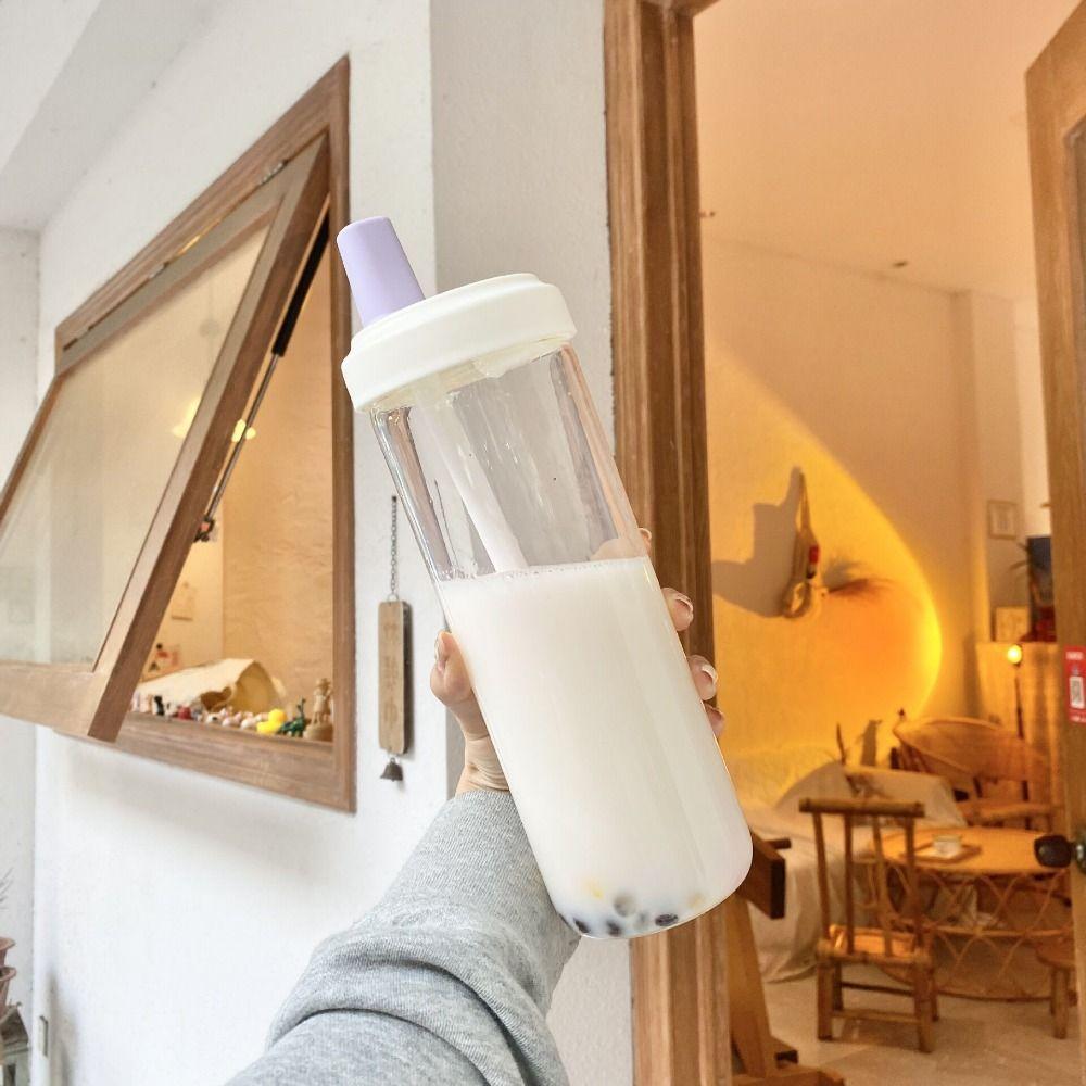 

Transparent Water Straw Bottles with Lid Straw Large Capacity Water Bottle Coffee Cups 500ml