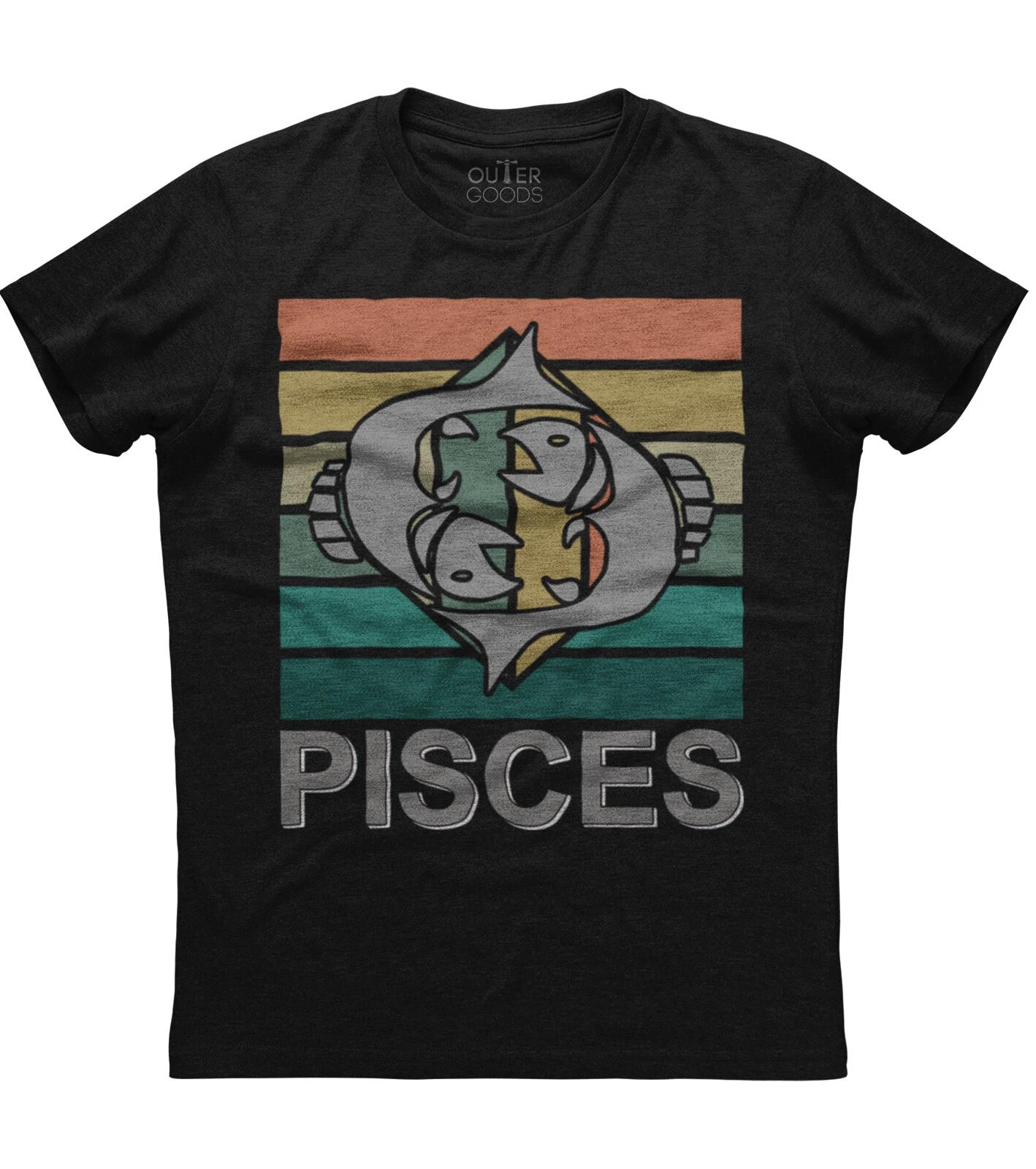 Pisces Zodiac Sign Vintage Design Mens Short Sleeve Cotton Black T-shirt M