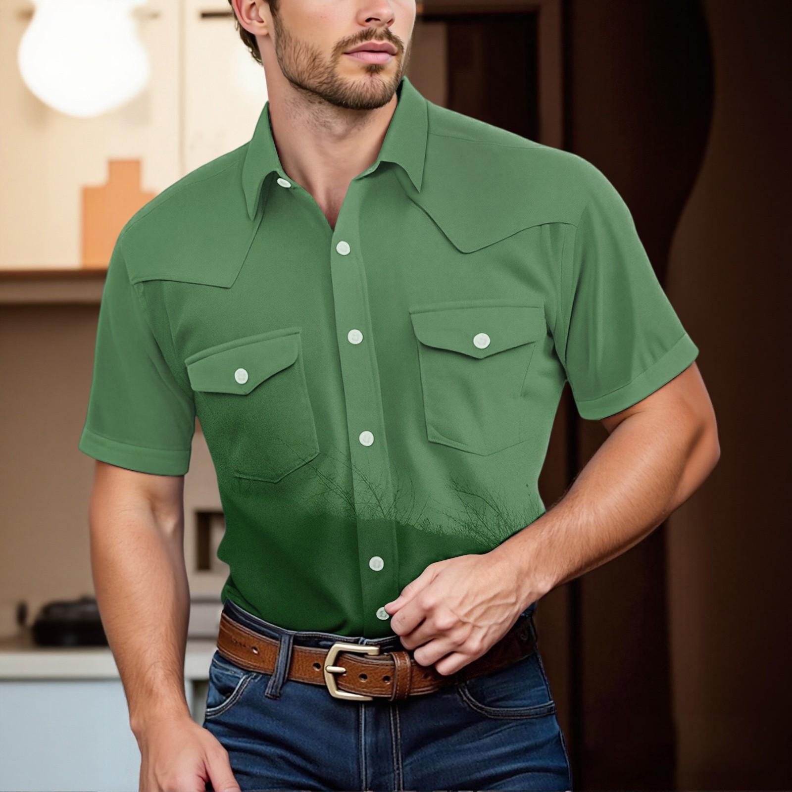 

Мужской модный топ кэжуал с короткими рукавами, лацканами и длиной до плеч L зелёный