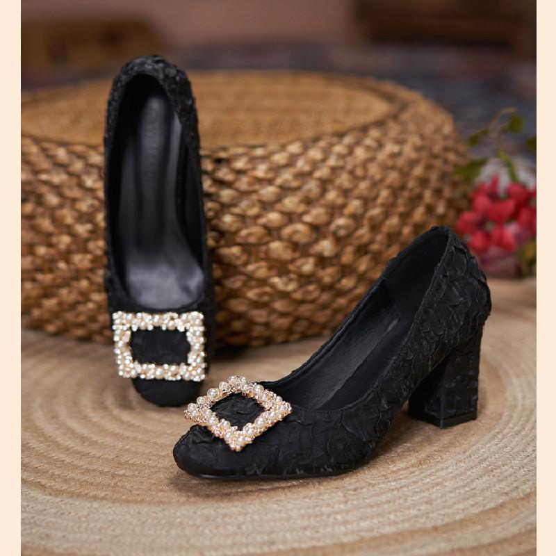 

Туфли на высоком каблуке Comemore Pearl, женская, весна 2024 г., новые, большого размера, с неглубоким носком, с толстым каблуком и квадратной головкой, модные женские туфли-лодочки 35