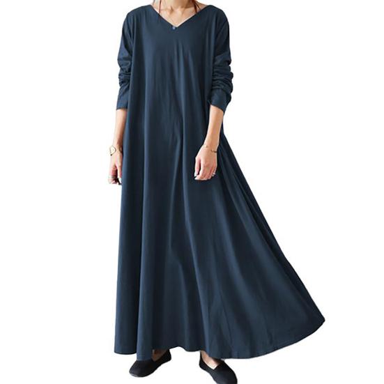 Autumn Winter Women Long Dress Solid Color V Neck Long Sleeves Streetwear