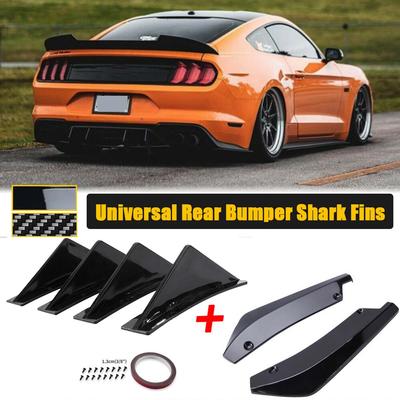 6PCS Universal For Ford Mustang GT 40cm Rear Bumper Splitter Cover + Curved Diffuser Shark Fins Spoiler Set Car