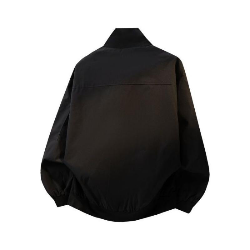 Mens Solid Black Stand Collar Zip Up Bomber Jacket