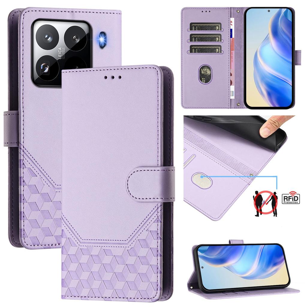 For Xiaomi 15 Pro Case Imprinted Honeycomb RFID Blocking Leather Phone Cover with Strap
