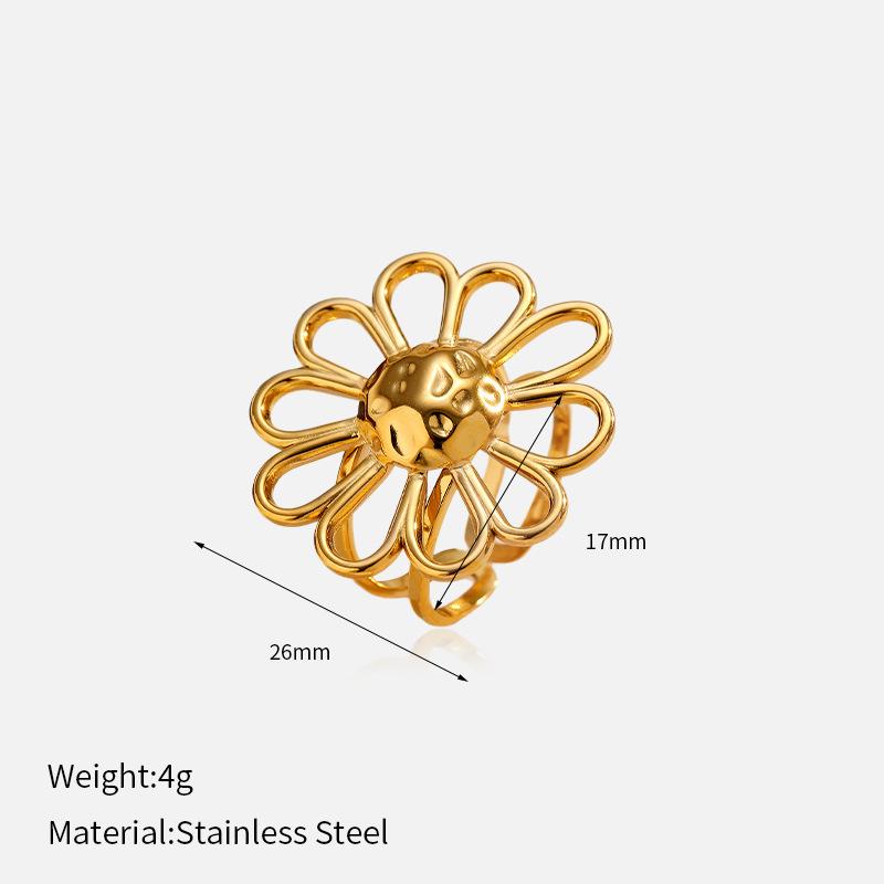 Exaggerated Golden Flower Titanium Steel Ring, Luxury Premium Non-fading Open Ring Stainless Steel Women Jewelry 1
