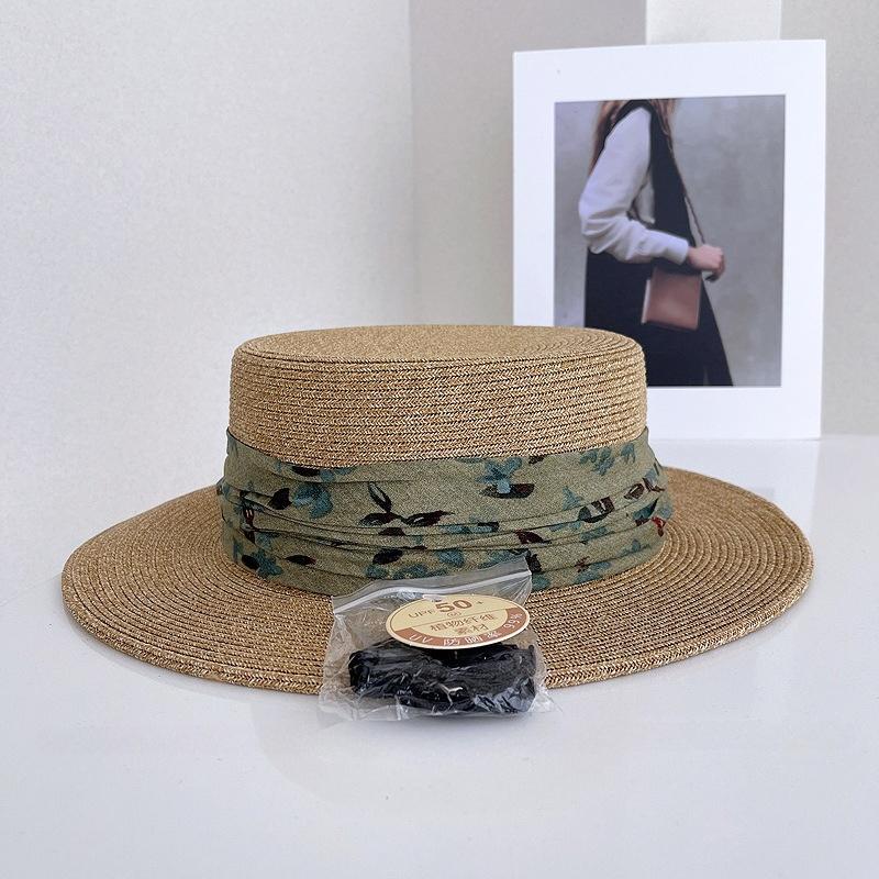 

New Summer Fashion Scarf Accessories Straw Hat Women s and Men s Flat Top Beach Sun Hat Wide Eaves French Elegance Hat 56-58CM зелений
