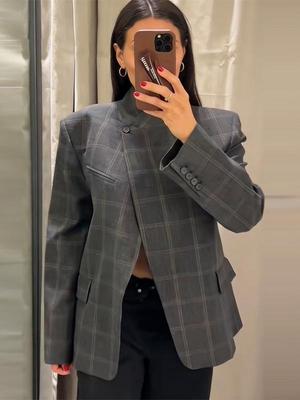 2026 European & American Women's Irregular Plaid Long Sleeve Suit Jacket - Versatile Spring/Autumn Commuting Wear