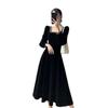 French Square Collar Gold Edge Velvet Dress Women's Spring and Autumn New Retro Hepburn Style Inner with Black Temperament Medium and Long Dress