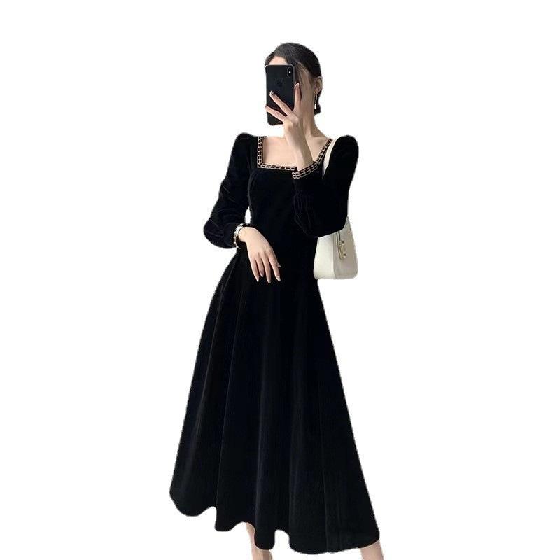 French Square Collar Gold Edge Velvet Dress Women's Spring and Autumn New Retro Hepburn Style Inner with Black Temperament Medium and Long Dress
