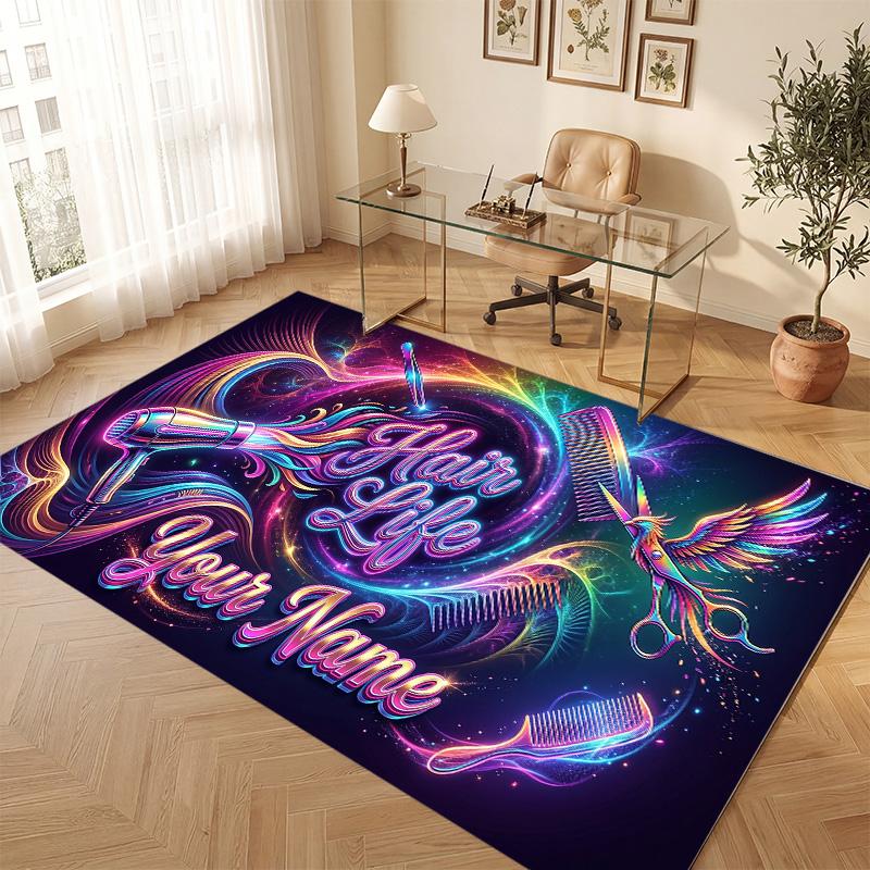 Barber Salon Theme Soft Crystal Velvet Rug Custom Name & Text Print Non Slip Floor Rug for Bedroom Living Room