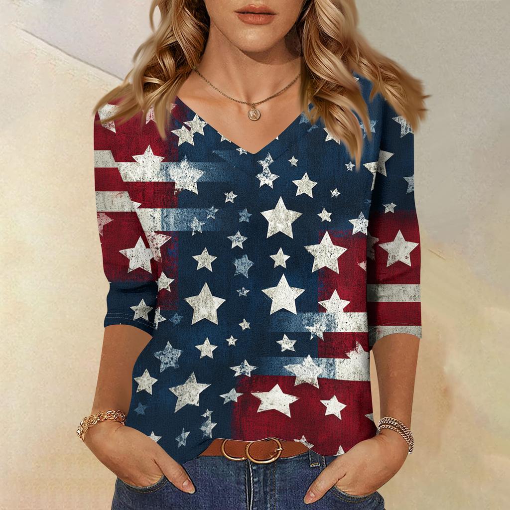 Women's Tops Three-quarter Sleeve Shirt V-neck Loose Casual Shirt Print T-shirt