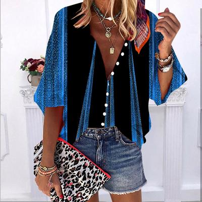2023 Summer Autumn New Fashion Women's Tops Green Pagoda Printed Half Sleeve Casual Plus Size Button-down Shirt with Bubble Sleeves