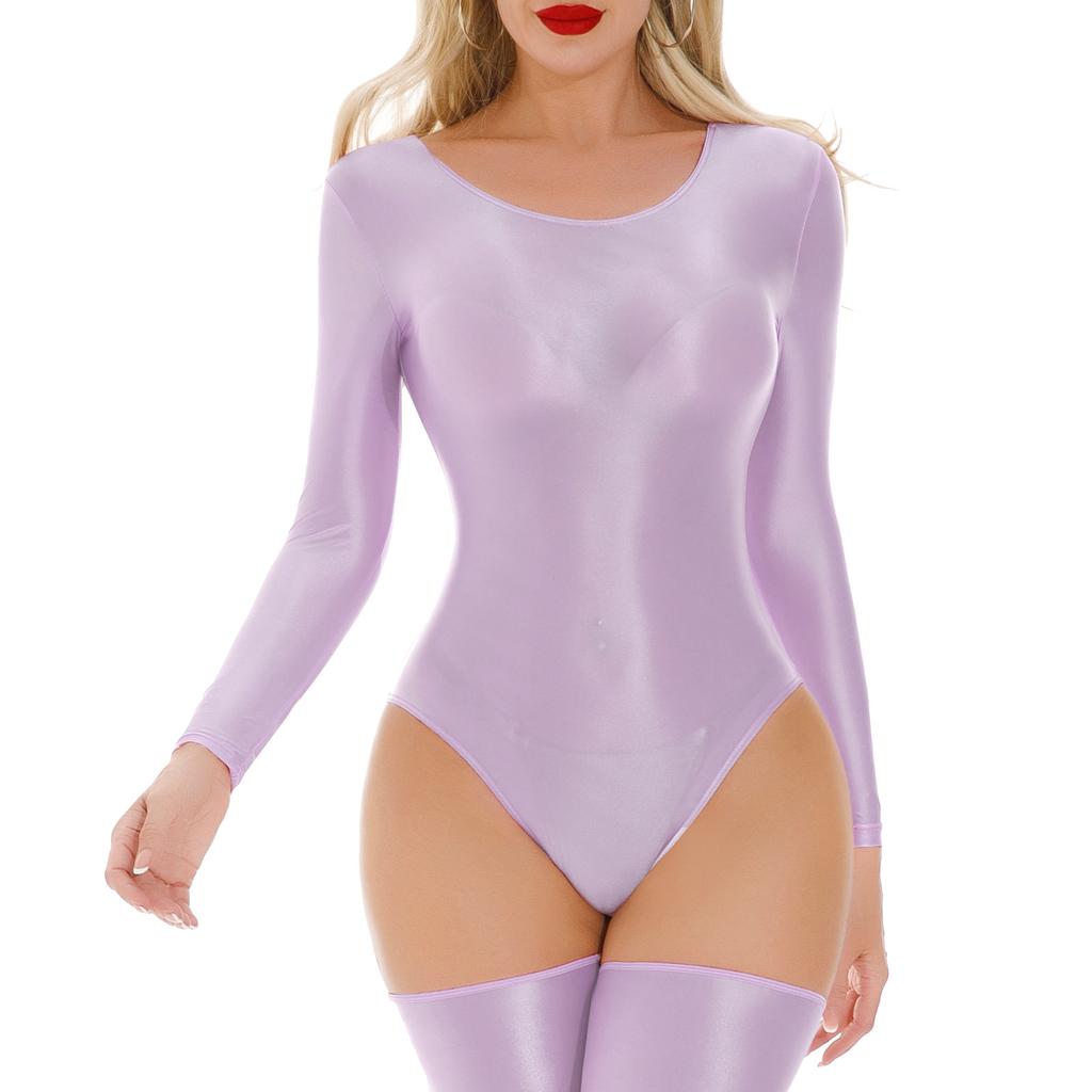 Leotardo Bodysuit Lencería Ropa de Dormir Ropa para Gimnasio de Mujer Cuello Redondo Manga Larga Brillante Elástico