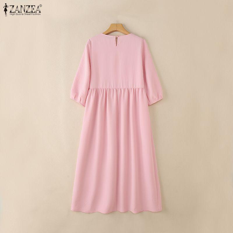 ZANZEA Women Square Collar Summer Casual 3/4 Sleeve Long Dress