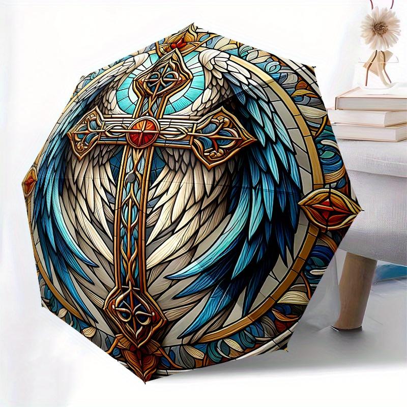 Stained Angel Wings Cross Art PrintUmbrella, Portable 3-Fold Compact Umbrella for Men & Women Gift