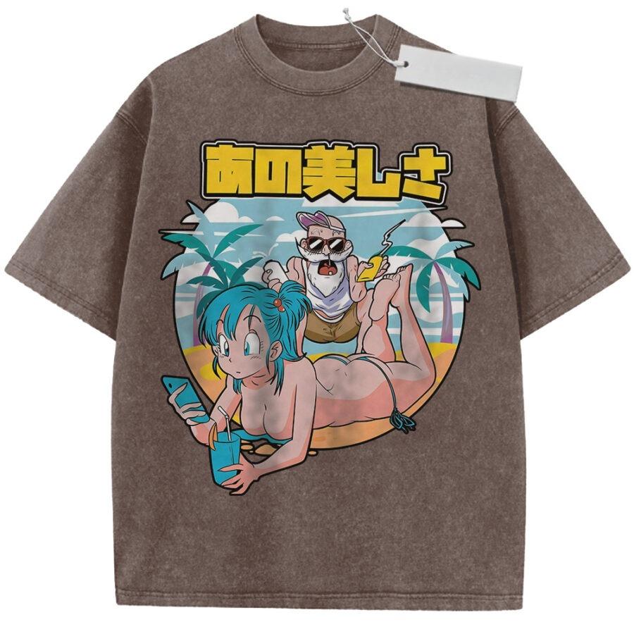

Unisex Washed Beige Vintage Tshirt Dragon Ball Bulma Grandpa Gohan Beach Highquality Fabric for Home Leisure Travel Shopping M