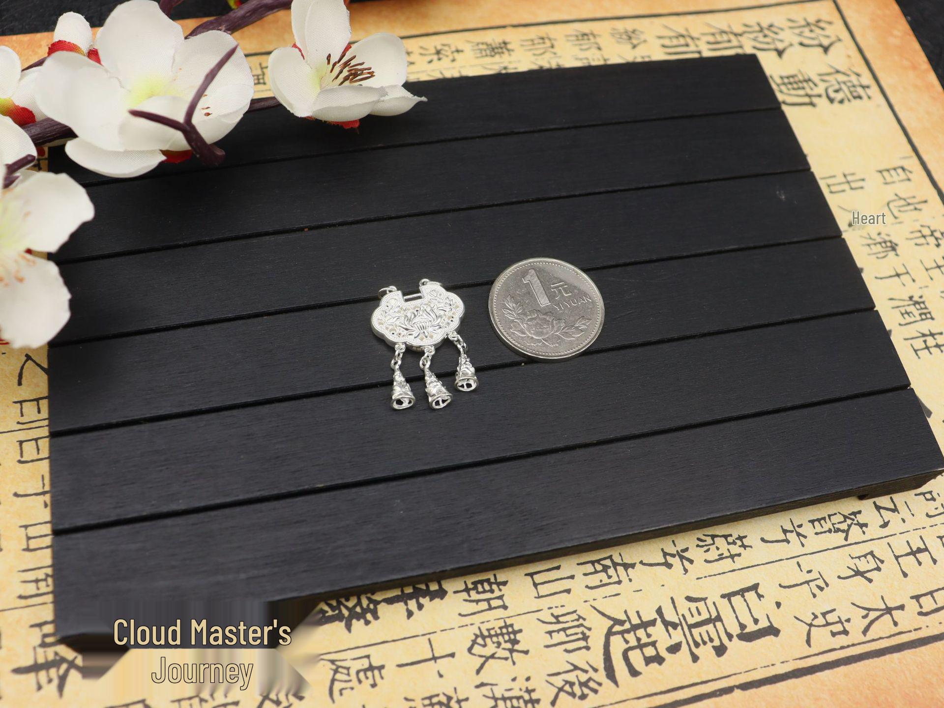 Retro Ethnic Style Pure Silver Lotus Blessing Lock Pendant with Filigree Bell - Gift for Girlfriend Pure Silver