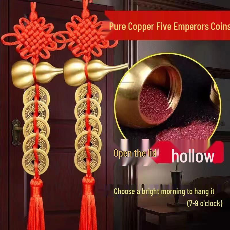 Authentic Copper Five Emperors Coins Gourd Pendant: Door, Car, or Home Hanging Ornament with Chinese Knot