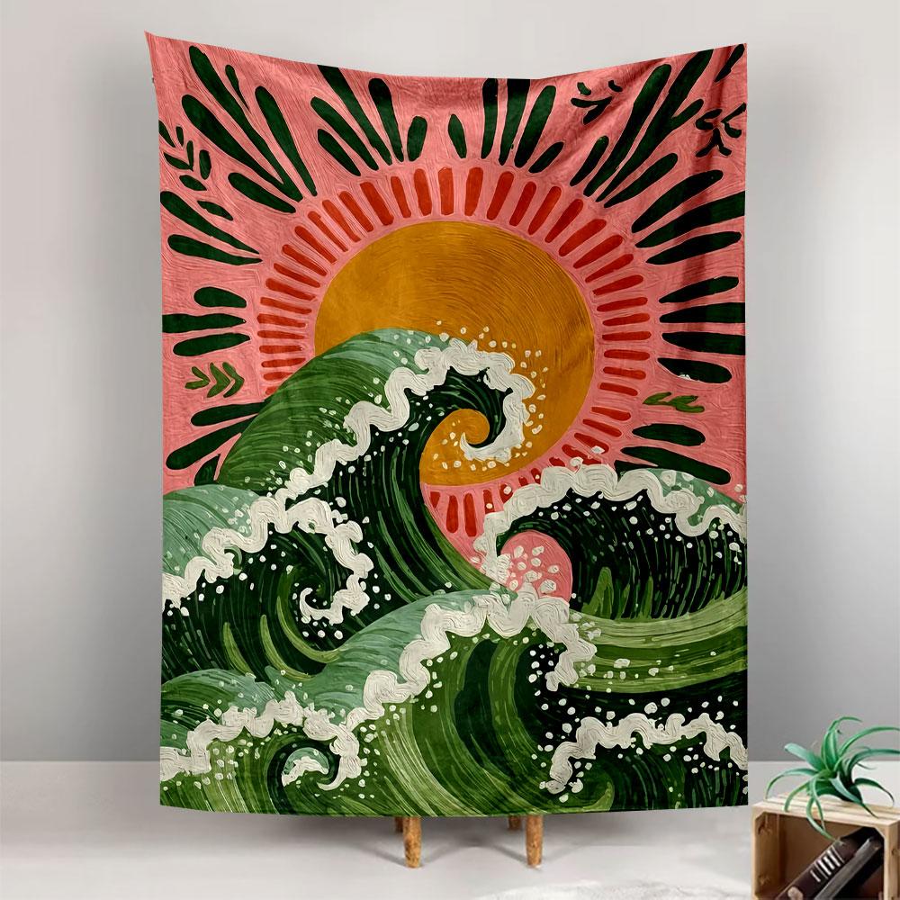 Sun Wave Tapestry Wall Hanging, Japanese Ukiyo-e Style Ocean Art, Oriental Wall Decor for Bedroom Living Room Dorm