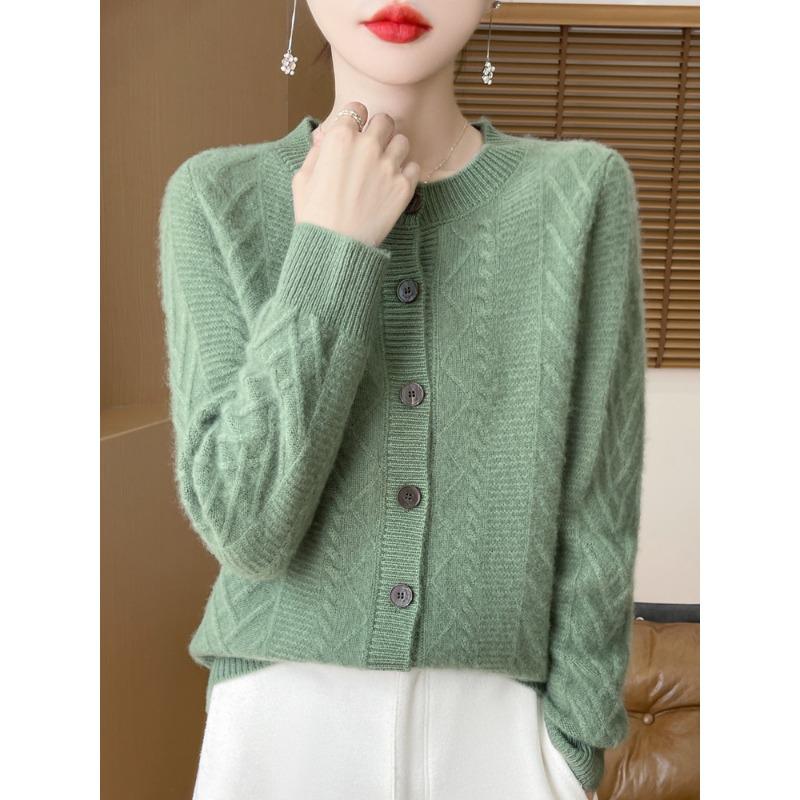 New Round Neck Thickened Pure Wool Knitted Cardigan Sweater for Women Warm Skin-friendly Cashmere Twist Jacket