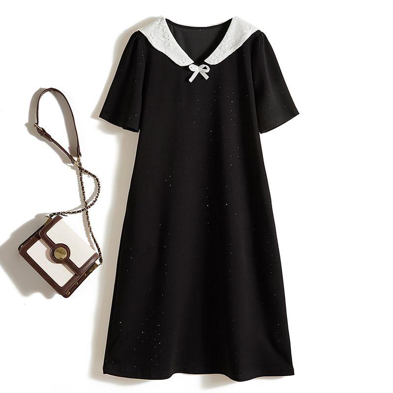 

Contrast Color Small Lapel Hepburn Black Dress! Women Summer Air Cotton Side Pocket Short sleeve Commuting Temperament Dress Black 3XL