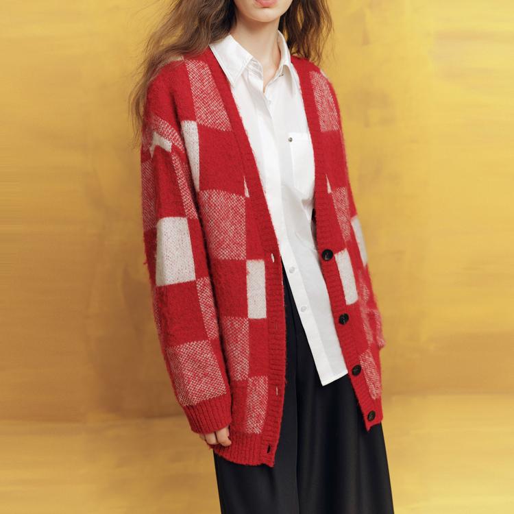 ELLE Simple Plaid V-Neck Loose Cardigan Long Sleeve Knit Sweater Women Sweater EZ63385