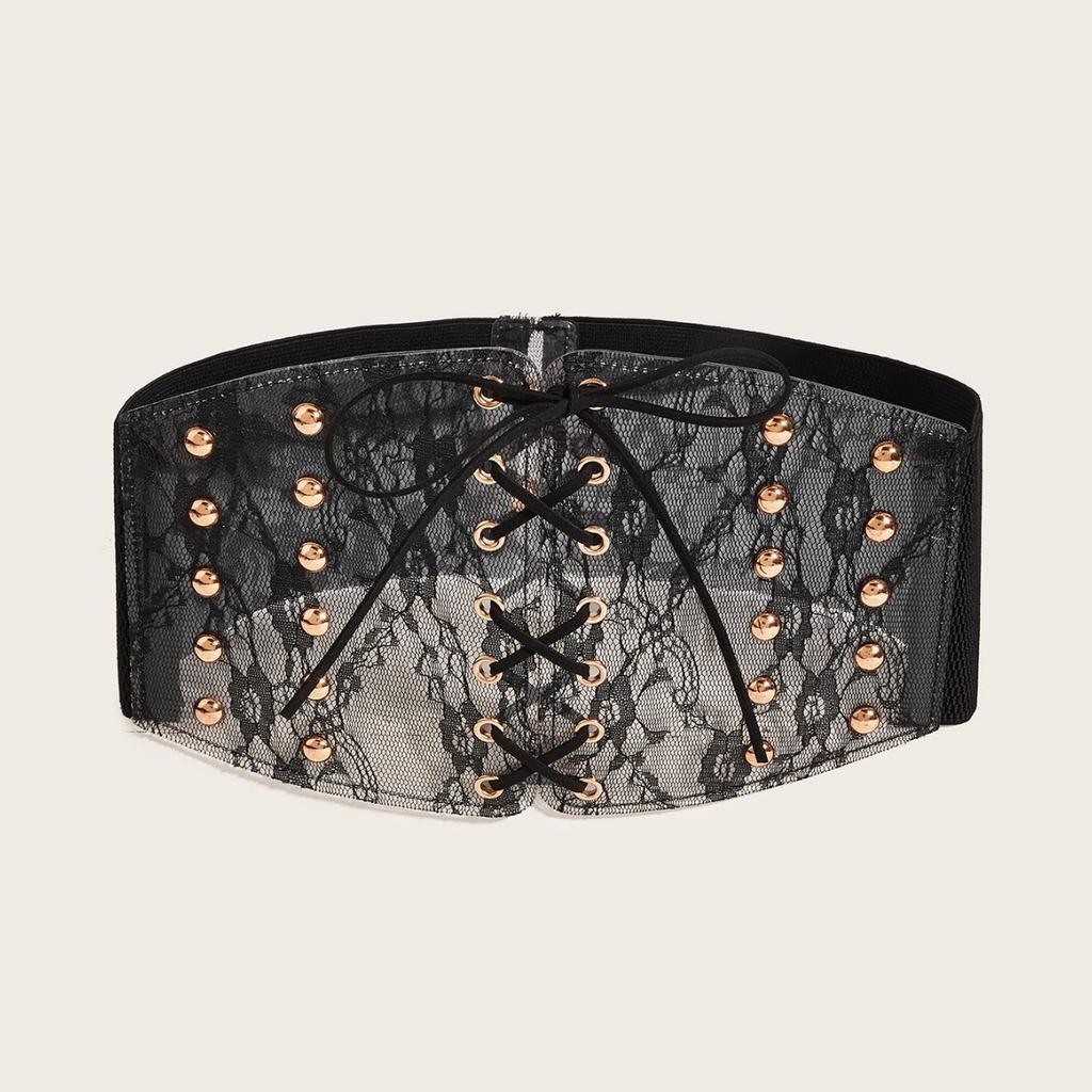 Wide Belt Lace Rivets Tied Knot Waist Elastic Elastic Belt Women With Coat Long Skirt Waist Seal