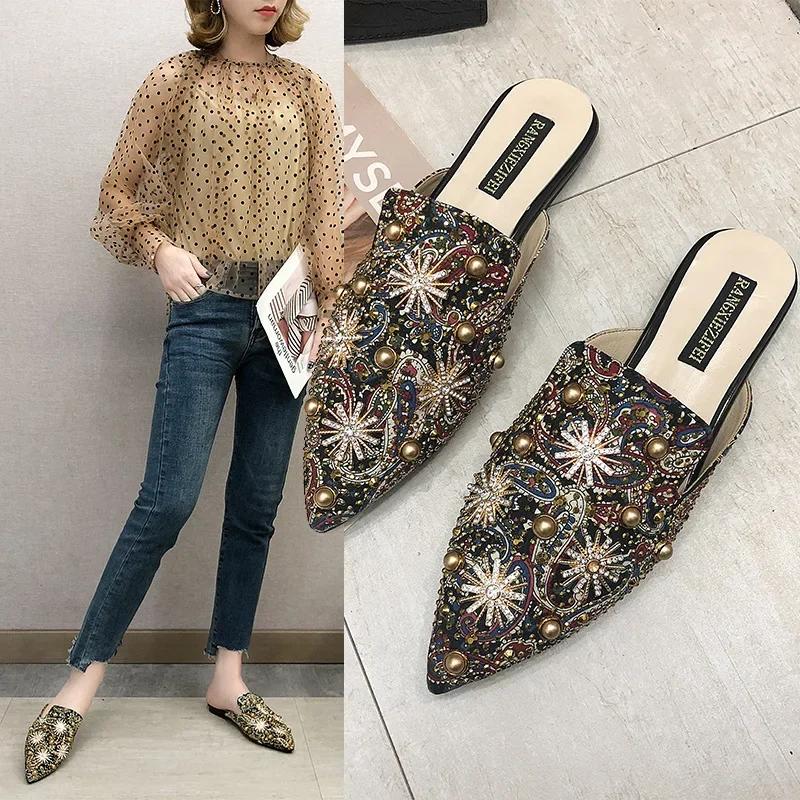 Fashion Luxury Women Mules Ladies Summer Chinese Slippers Women Shoes New Low Heels Flat Casual Shoes Woman Flip Flops 2025