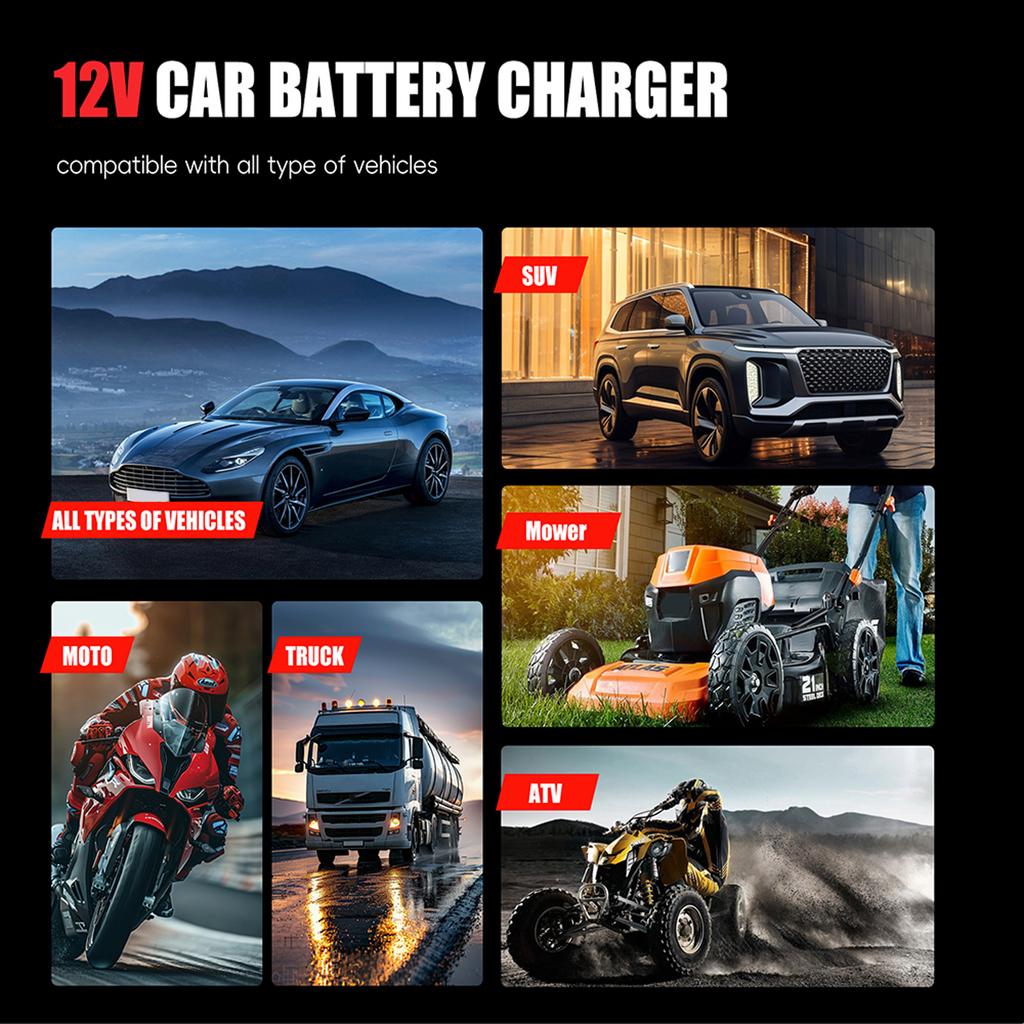 6A 12V Car Battery Charger Battery Maintainer Trickle Charger for Auto Motorcycle Lead-Acid AGM GEL Batteries