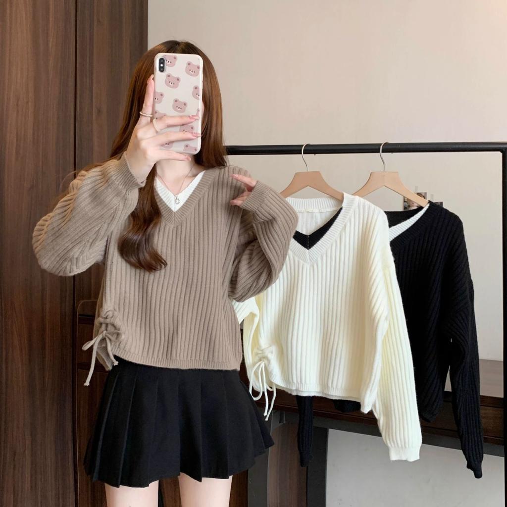 Knitted Sweater Women's Autumn  Winter Versatile Slimming V-neck Long Sleeved Fake Two-piece Drawstring Sweater