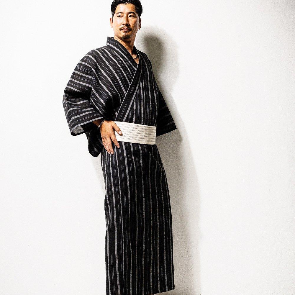 Shoji M33525N Shijira Yukata with and Set [Mitsuhashi Co., Ltd.] Men's Obi, One-Touch Obi, 2-Piece Set, 3-Piece (LL, Black)