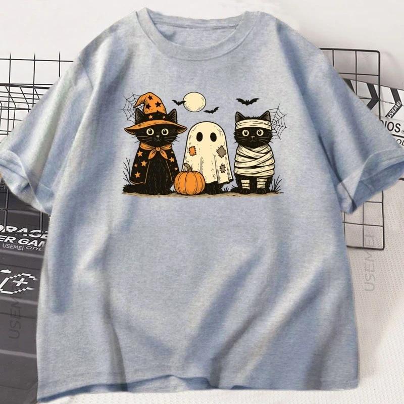 Mens Printed 100 Cotton ShortSleeved Pumpkin Ghost and Black Cat Pattern Casual LooseFitting Comfortable TShirt