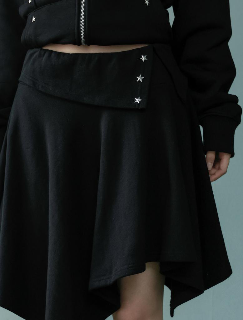 Lupeu Star Rivet Asymmetrical Midi Skirt Black