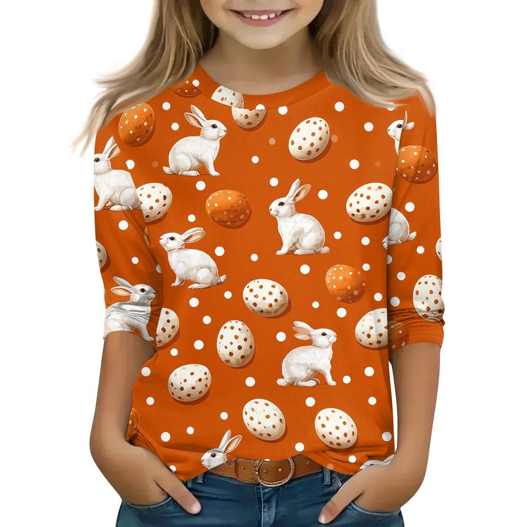 Children's 3/4 Sleeve Tops Casual Print T Shirt Round Neck Pullover Blouse