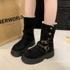 Mid-calf Square Heel Modern Boots Winter Slip-on 2024 High Quality Ladies Shoes Round Toe High Heel Buckle Punk Women's Boots