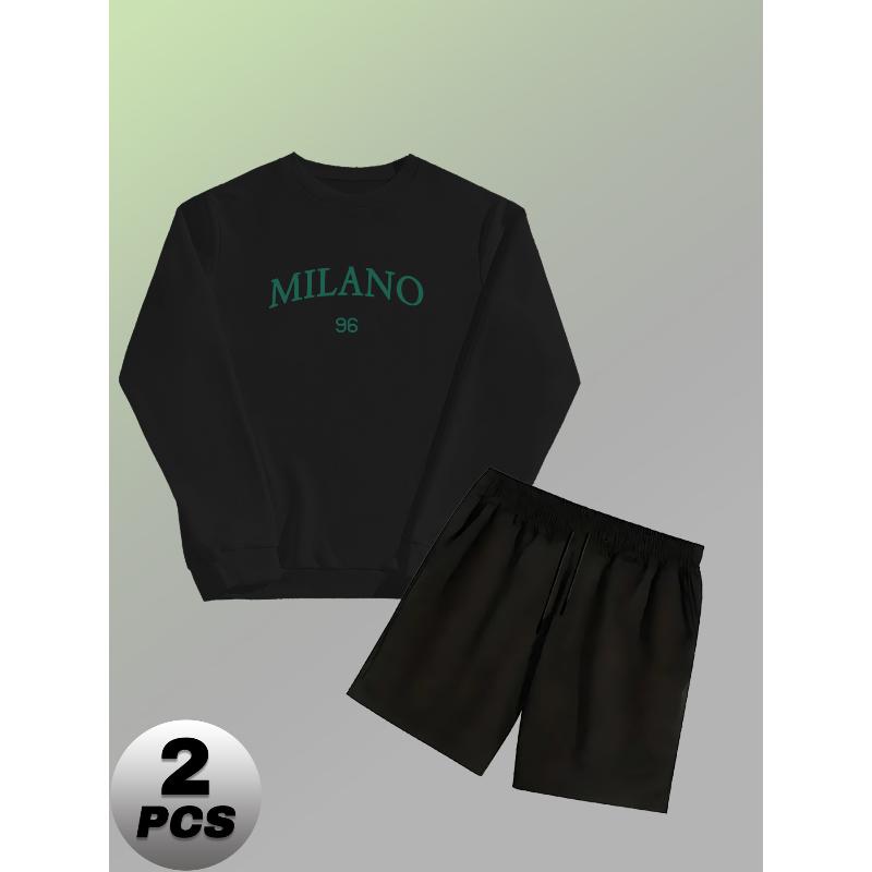 

Crew Neck Sweatshirt Men s Polyester 2 Piece Set Shorts Athletic Tracksuit for Outdoor XXL чорний