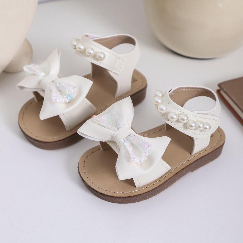 

Girls Bowknot Flat Sandals Soft-Sole Pearl Beach Shoes for Toddlers & Young Children Cute Elegant Girls Shoes Kids Shoes 30 білий