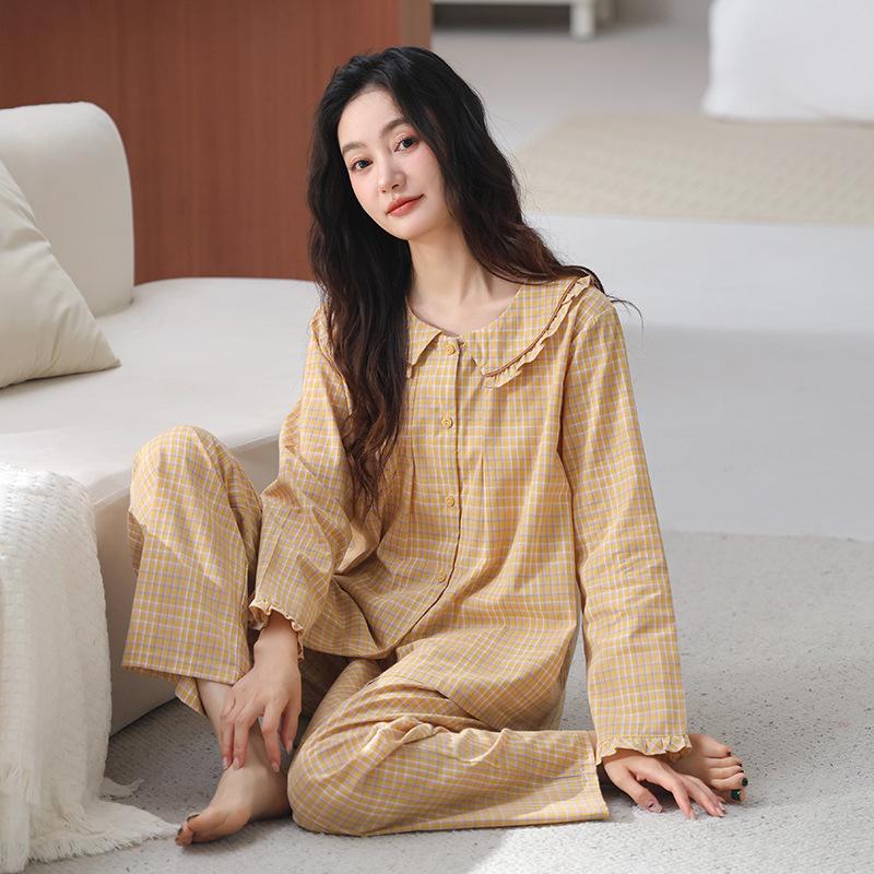 Woven cotton gauze pajamas women's spring and autumn pure cotton long-sleeved 1011 new autumn 100% cotton V-neck loungewear