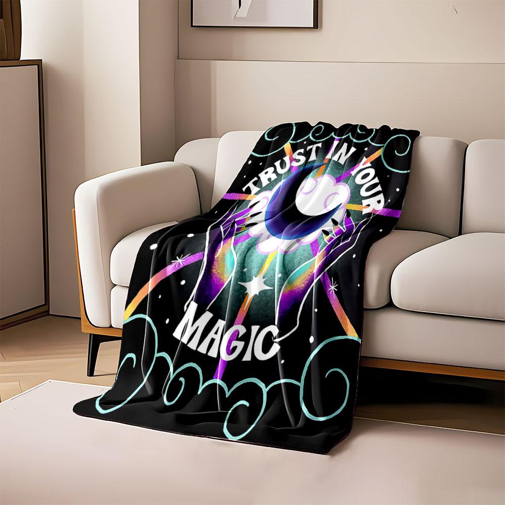 

A crescent moon, clouds, glowing hands, and text: Trust in Your Magic. for all seasons blanket lunch break throw gift 80cm x 120cm
