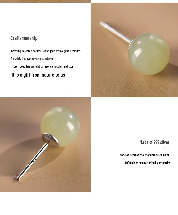 S999 Sterling Silver Hetian Jade Stud Earrings: Elegant, Versatile, and Exquisite High-End Ear Ornaments