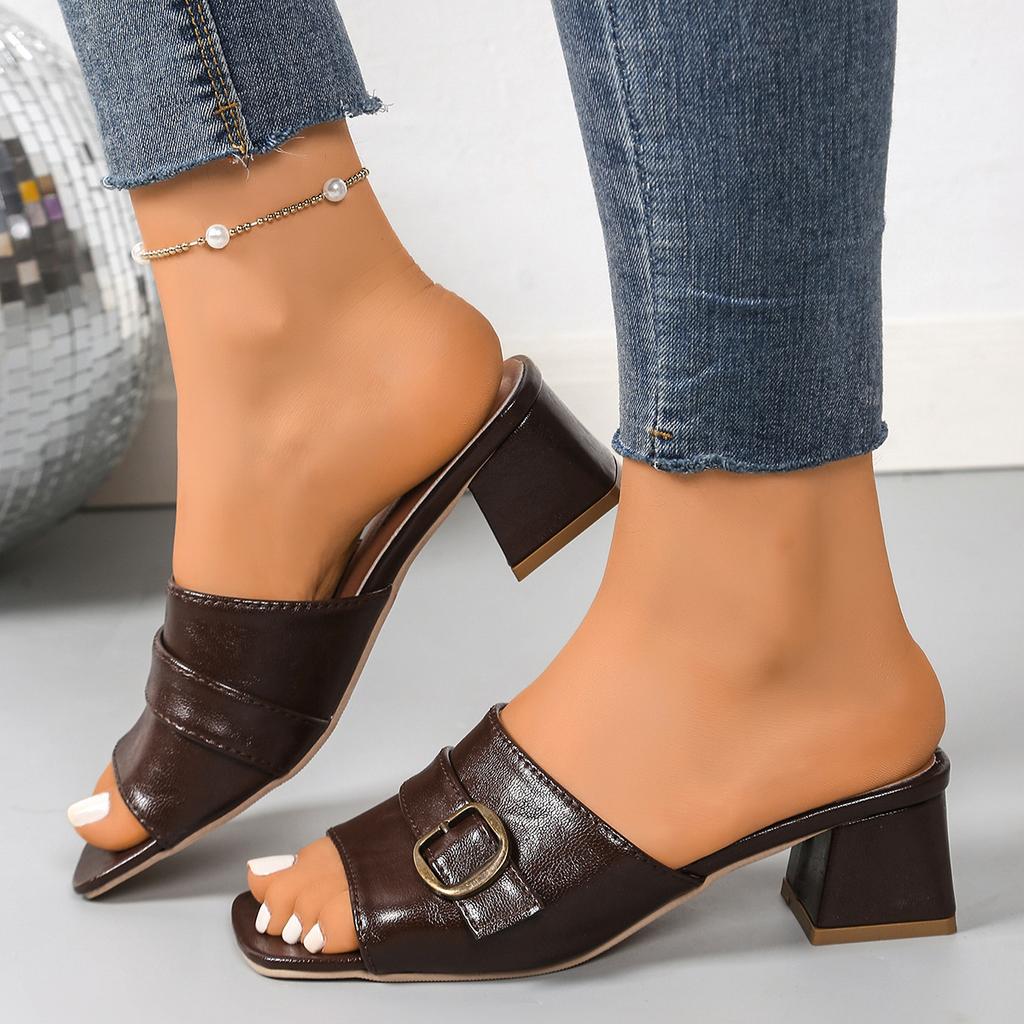 Slippers 22 beautiful summer new thick heel high heel large size cool slippers fish mouth square buckle slippers