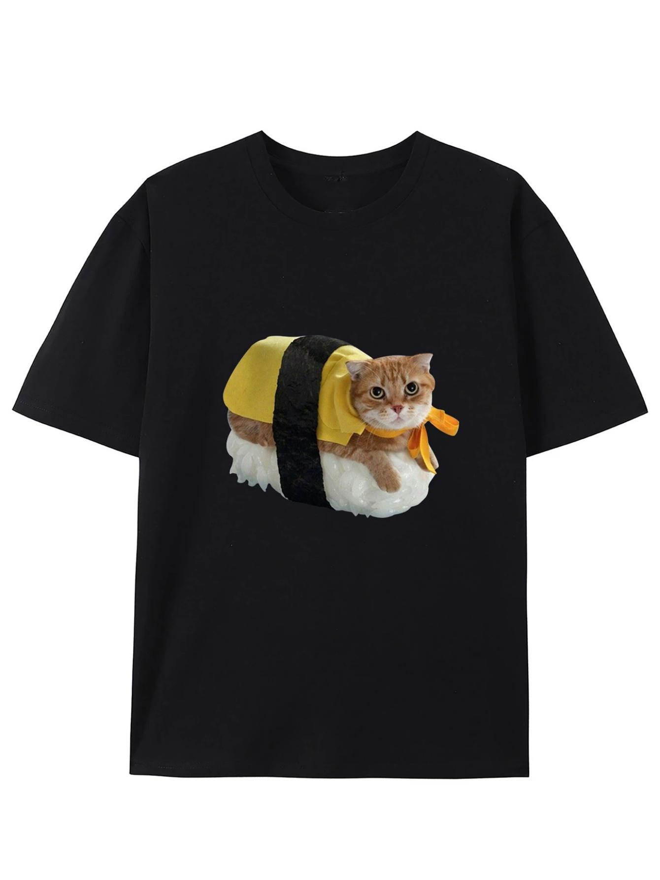 

This Short-sleeved Crew Neck T-shirt Features A Cute Sushi Roll Cat Print, Making It An Ideal Choice for Cat Lovers.Personali... S