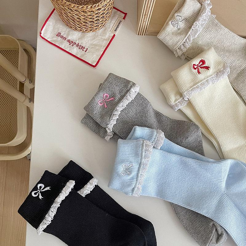 Simple All-Match Girly Cotton Socks Lace Bow Sweet Sock Casual Breathable Sweat-Wicking Mid-Tube Socks  Accessories Gifts