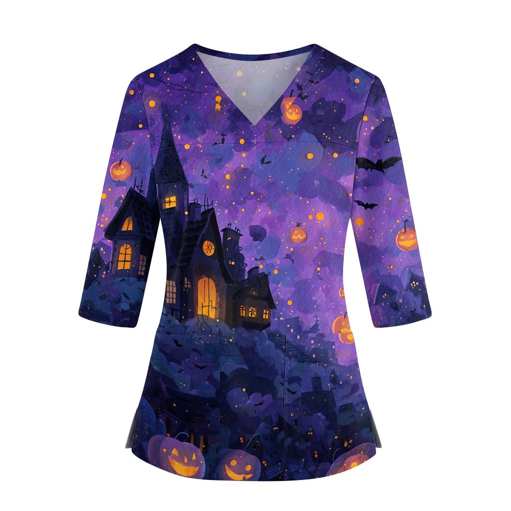 Top da Donna con Stampa di Halloween Scollo a V Manica a Tre Quarti con Tasche Spacchi Laterali Camicia da Costume