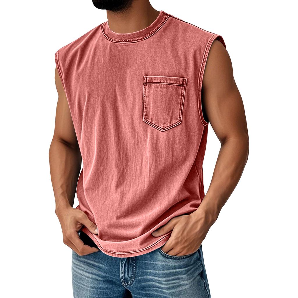Men Sleeveless Muscle Tank Top Crew Neck Casual Pocket Design Relaxed Fit Vintage Style Shirt for Summer Daily Wear