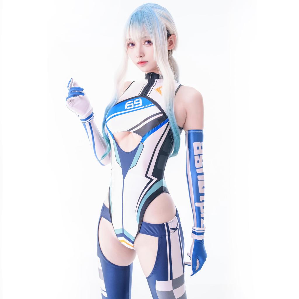 Sexy Shiny Race Queen Costume with Arm Covers and Simple Full Body Costume for Women and Cosplay Costume LOST-G Gloves, Adults, Swimsuit, (M, WHITE)
