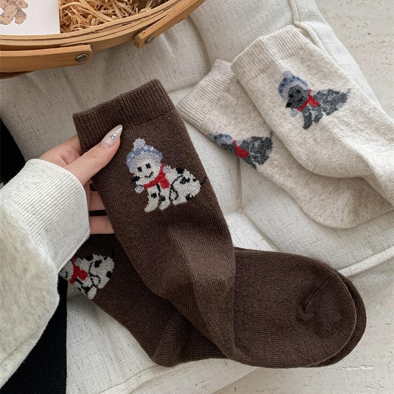 Female Autumn Winter Thickened Warm Cute Cartoon Sled Dog Wool Drum Pile Socks