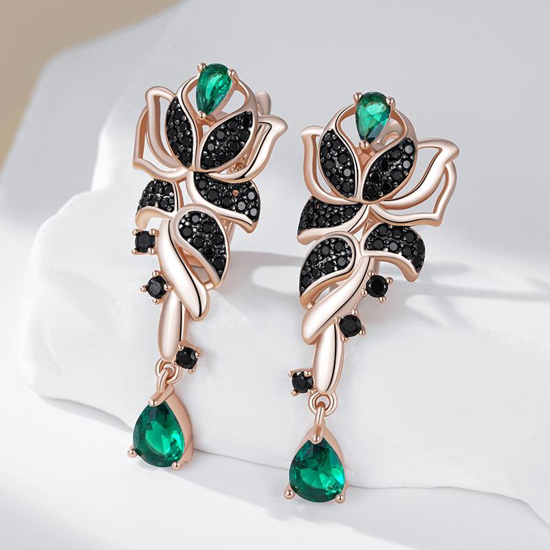 Green With Black Natural Zircon Flower Drop Earrings For Women  Rose Gold And Black Gold Plating Daily Fine Jewelry