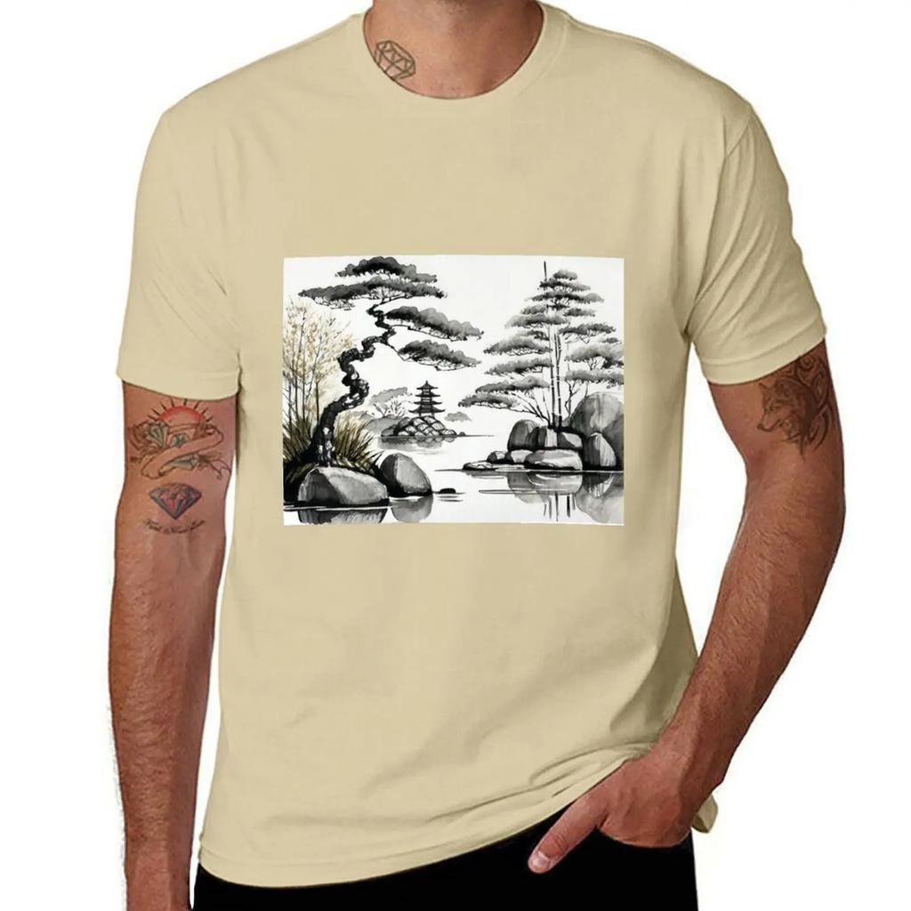 Sumi-E Lake Japanese Ink Art Landscape T-Shirt sports fans quick drying oversizeds korean fashion t shirts casual stylish