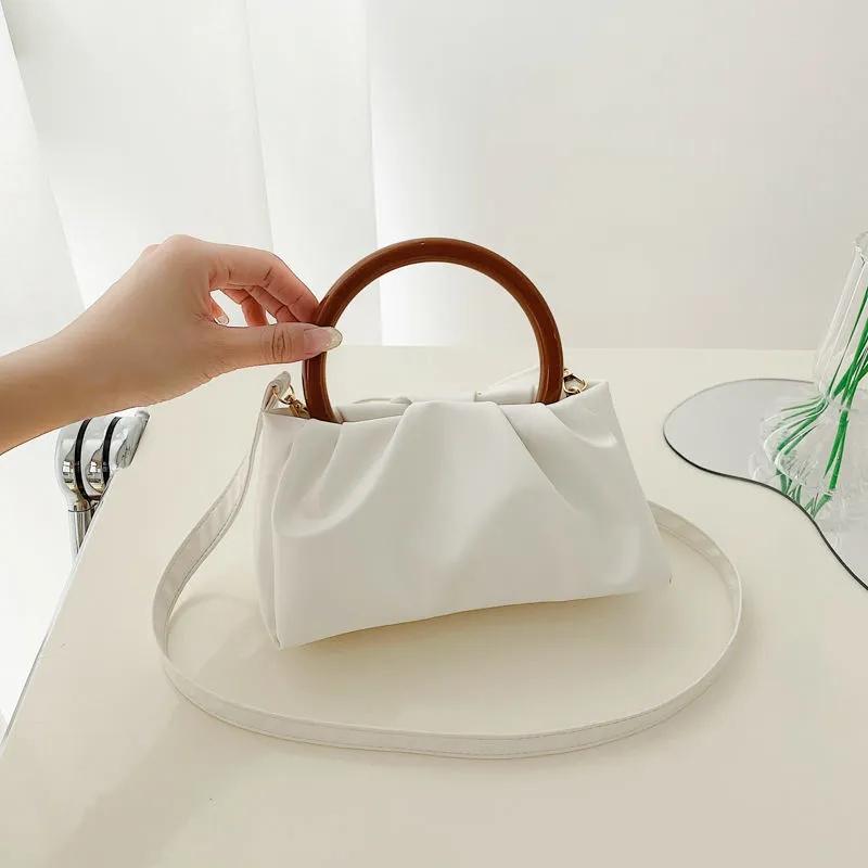 WTEMPO Einfache einfarbige Holzgriff Falten Wolke Kleine Handtaschen Mini Einzelne Schulter Umhängetaschen Handtaschen